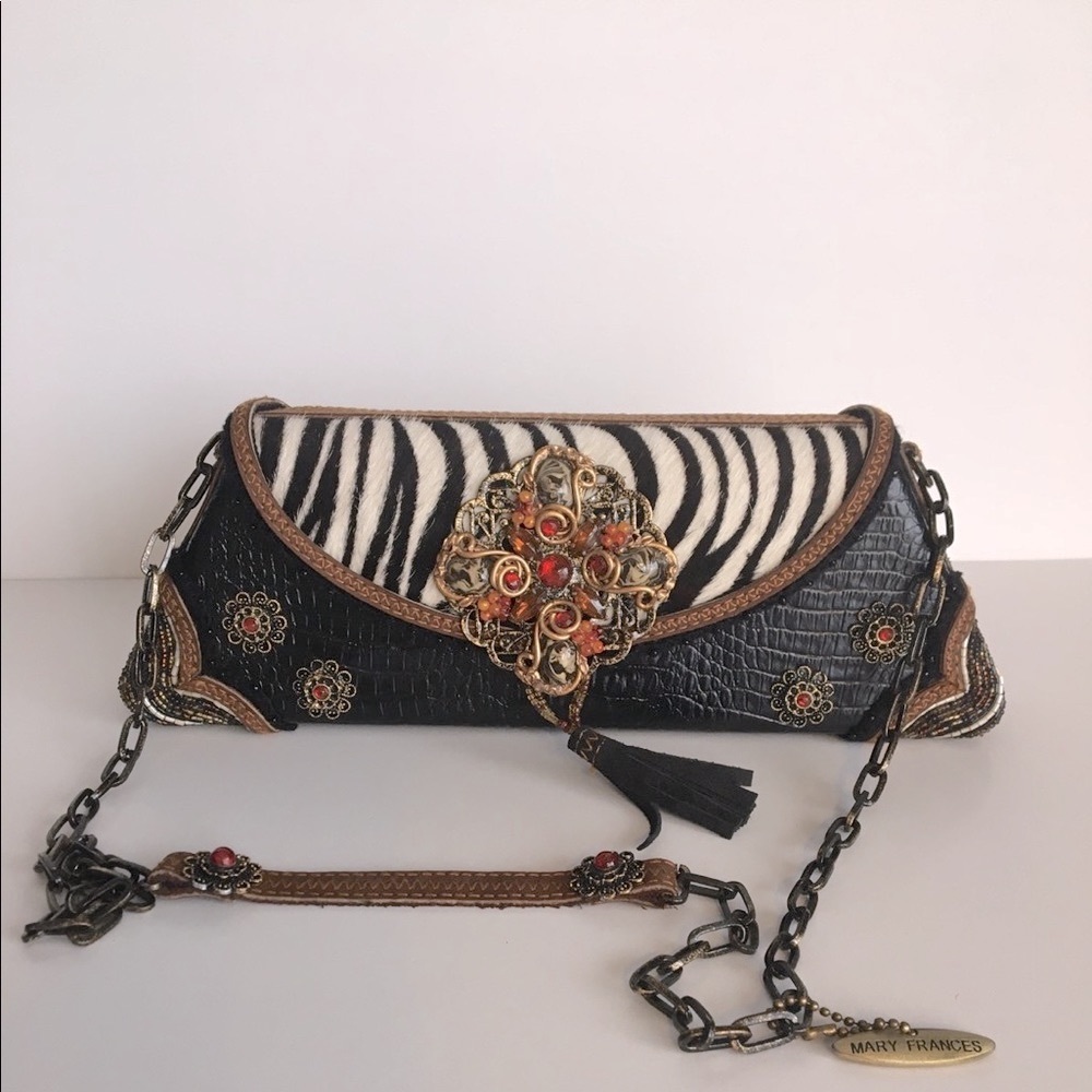 Mary Frances Black and White Zebra-Accent Embellished Shoulder Bag